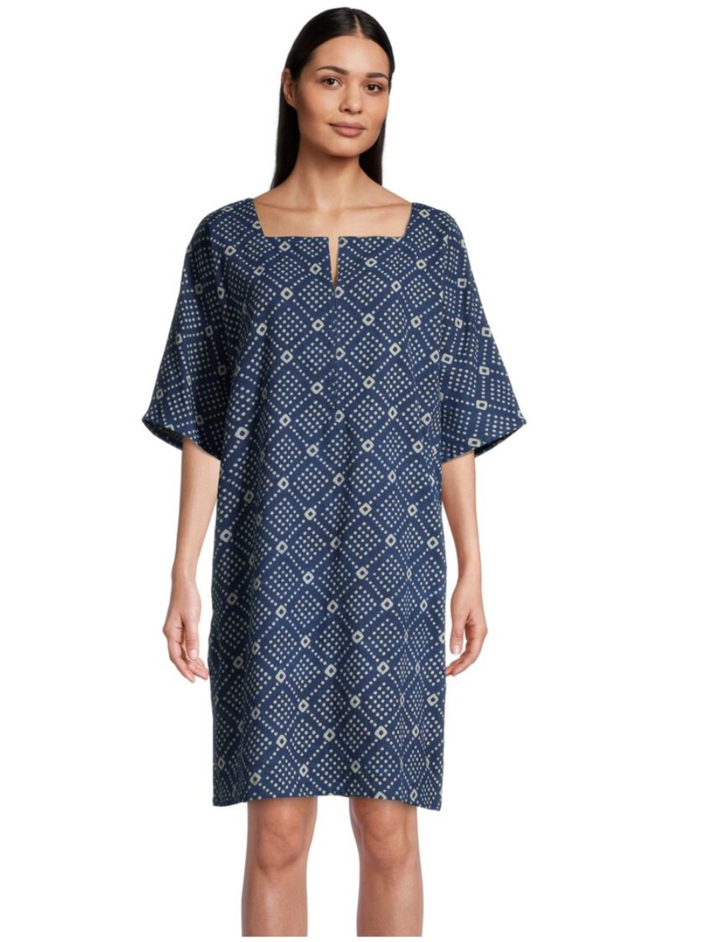 World Market Blue and White Diamond Print Kaftan short sleeve Dress w/ pockets